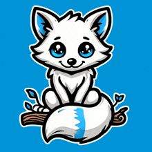 a cartoon drawing of a white fox with blue eyes sitting on a tree branch