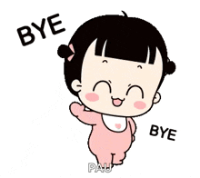 a cartoon baby girl is waving and saying `` bye '' .