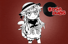 a black and white drawing of a girl wearing a hat with the words rosa dubs above her