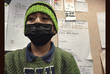 a boy wearing a mask stands in front of a bulletin board with a poster about literary elements