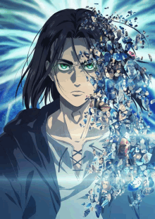 a drawing of a man with green eyes surrounded by blue objects