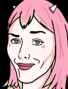 a cartoon of a woman with pink hair and green eyes