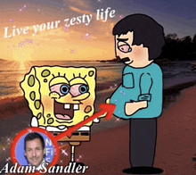 a cartoon of spongebob and adam sandler on a beach