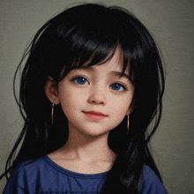 a little girl with long black hair is wearing a blue shirt and earrings