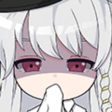 a cartoon girl with white hair and red eyes is wearing a hat and covering her mouth with her hand .