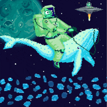 a pixel art drawing of an astronaut riding a whale