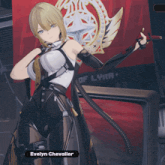 a video game character named evelyn chevalier stands in front of a flag