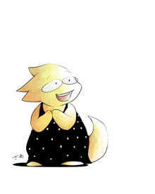 a cartoon drawing of a yellow fox wearing a black dress with white polka dots