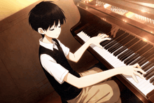 a boy playing a piano with his eyes closed and his hands on the keys
