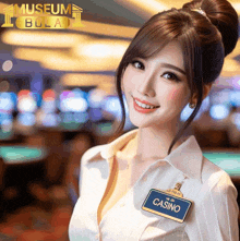 a woman wears a name tag that says casino on it