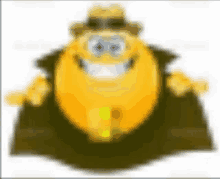 a yellow smiley face wearing a hat and a cape is smiling .