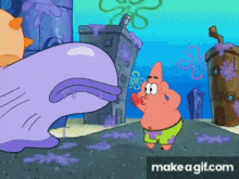 patrick star from spongebob squarepants is standing in front of a purple whale