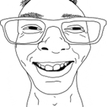 it is a black and white drawing of a man wearing glasses and smiling .