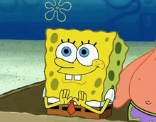 a cartoon of spongebob and patrick on the beach with a flower in the background