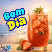 a lucas & friends greeting card with a glass of strawberry drink