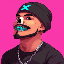 a man with a skull on his face wears a black beanie with an x on it