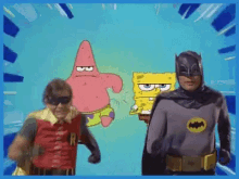 spongebob and patrick are standing next to each other with batman and robin