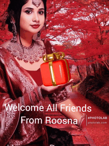 a woman in a red dress is holding a red gift box with the words welcome all friends from roosna on the bottom