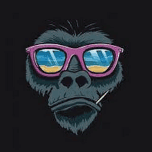 a gorilla wearing pink sunglasses is smoking a cigarette .