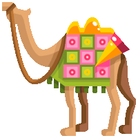 an illustration of a camel with a colorful blanket on its back