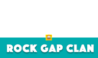 a blue sign that says rock gap clan