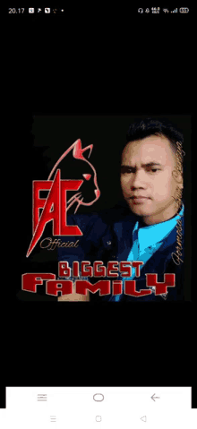 a man in a blue shirt stands in front of a black background that says biggest family