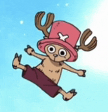 tony tony chopper from one piece is flying through the air in a pink hat and shorts .