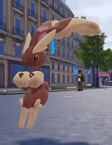 a cartoon rabbit is flying through the air on a street