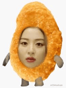 a woman is wearing a chicken nugget costume with her face .