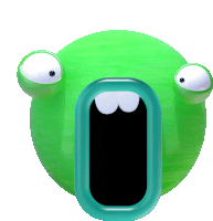 a green cartoon character with a blue mouth and white teeth