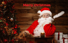 a picture of santa claus with a feather in his mouth and the words merry christmas