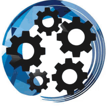 a circle of gears on a blue and white background .