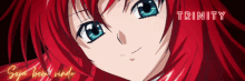 a picture of a girl with red hair and the word trinity on the top