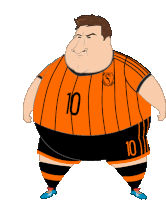 a cartoon drawing of a man wearing an orange and black jersey with the number 10 on it