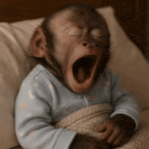 a baby monkey is yawning while wearing a blue shirt