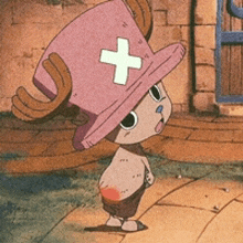 tony tony chopper from one piece is wearing a pink hat with a white cross on it