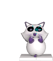 a computer generated image of a white cat with purple paws and a blue ball on its head