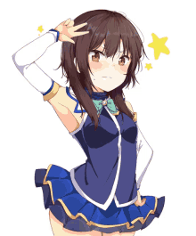 a girl in a blue and white dress has a yellow star behind her