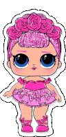 a sticker of a lol doll wearing a pink dress and a headband of pink roses .