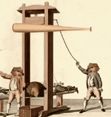 a drawing of two men with bear heads standing next to a wooden machine with a baseball bat attached to it .