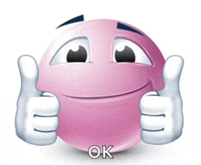 a pink smiley face is giving two thumbs up and the word ok is underneath it