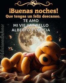 a winnie the pooh teddy bear laying on a bed with a full moon in the background