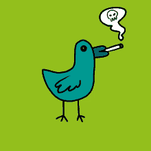 a drawing of a bird smoking a cigarette with a speech bubble with a skull on it