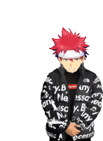 a boy with red hair is wearing a black jacket that says supreme