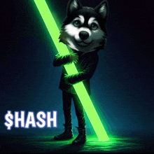 a picture of a husky holding a green light stick with the word hash on it