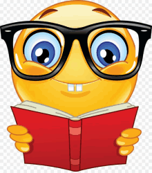 a smiley face with glasses is reading a book