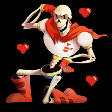 a cartoon skeleton with a red cape and boots