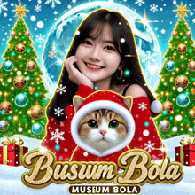 a woman is holding a cat in front of christmas trees and the words museum bola