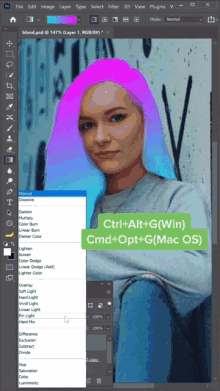 a screenshot of a woman 's face with purple and blue hair in photoshop