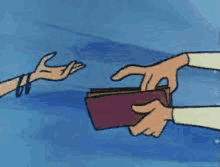 a cartoon of a man giving another man a wallet .